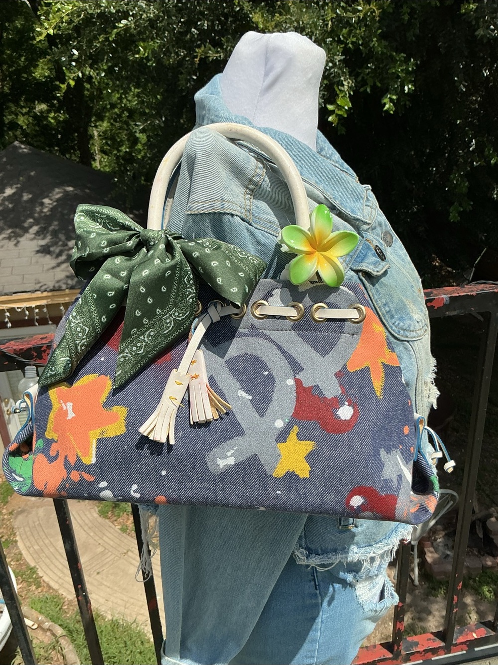 Dooney & Bourke Multicolor Floral Denim Satchel - Blue, Green, Yellow, Orange